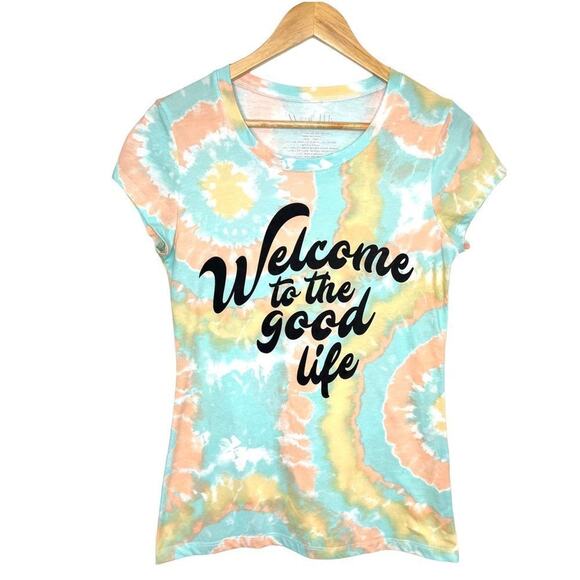 Women’s Tie Dye Graphic T-Shirt Tee Juniors Large Short Sleeve Yellow Blue Peach - Picture 1 of 3